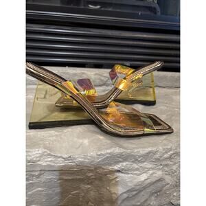 Good American Women Size 11.5M Strap Wedge Heels Gold Base And Iridescent Strap